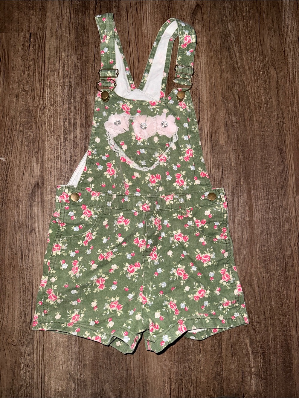 Floral Green Girls' Overall Shorts - Pink Rose Print